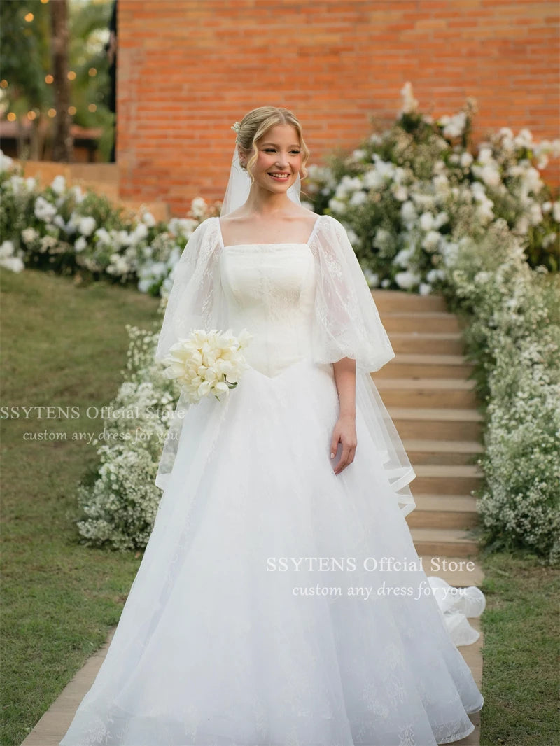 SSYTENS Customized Elegant Square Neck Wedding Dress Half Sleeves Civil Bridal Dresses A Line Lace Bride Gown Vestido De Novia