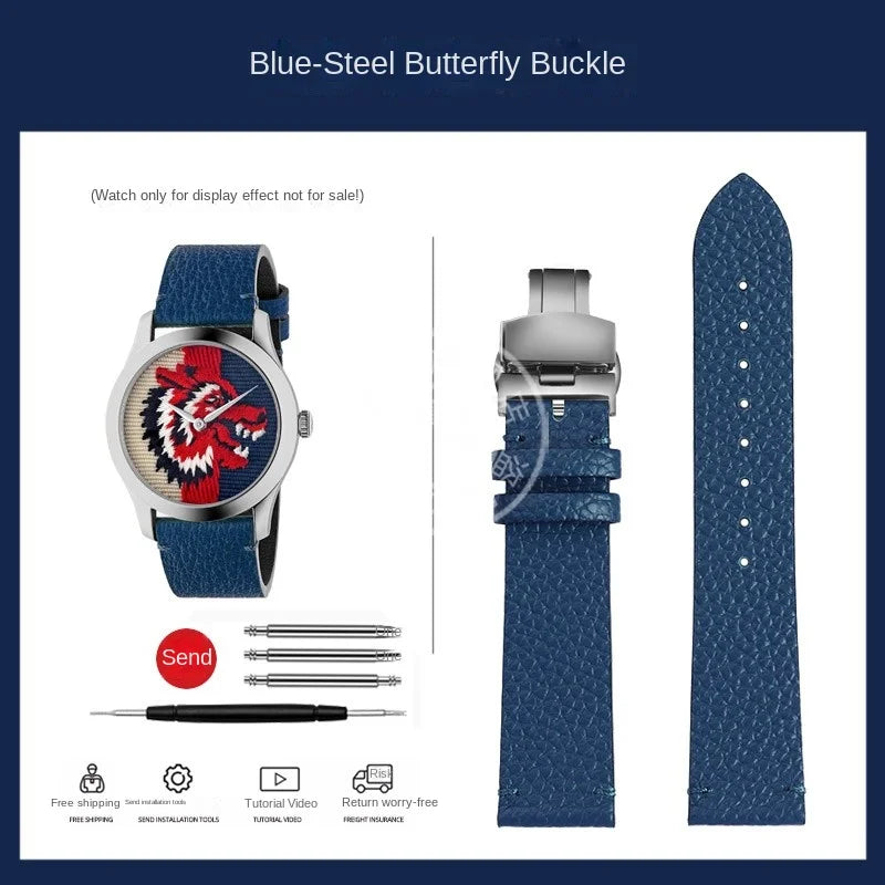 watch band For GUCCI YA1264065 Little Bee Embroidered Gucci Men's and Women's Green Genuine Lea/ther Watch Strap 20mm Bracelet