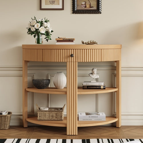 Fluted Half Moon Console Table with Drawer and 2 Shelves for Entryway,