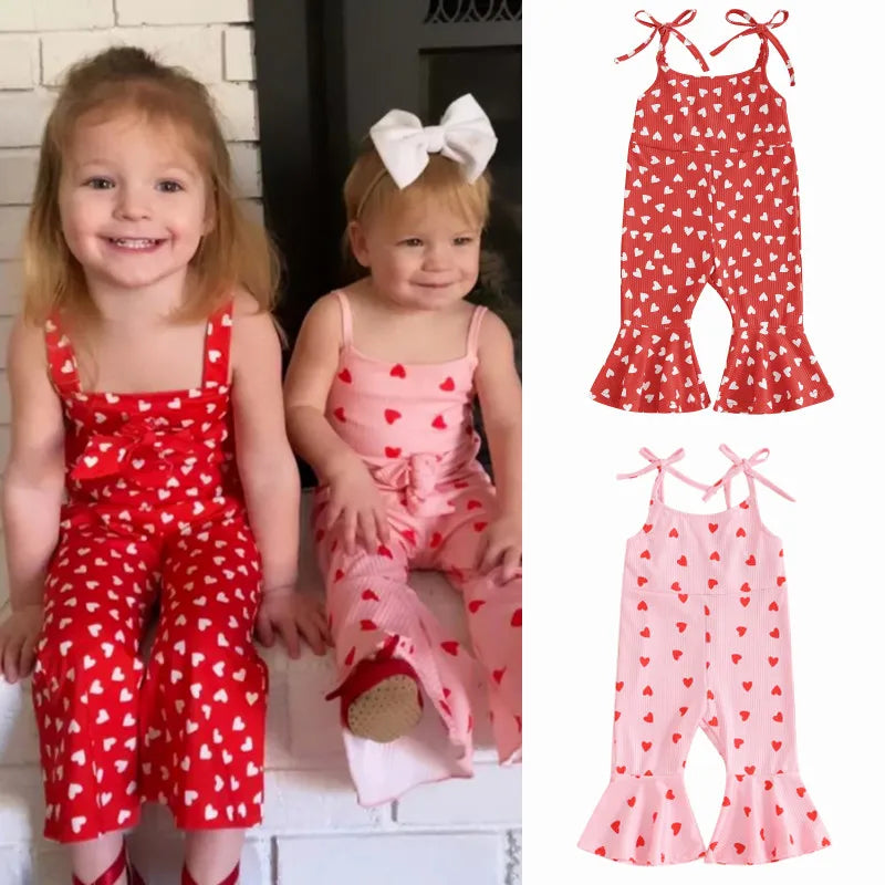 1-5Y Toddler Girls Valentine's Day Jumpsuit Heart Print Sleeveless Tie-Up Spaghetti Straps Bell-Bottoms Romper Overalls Clothes