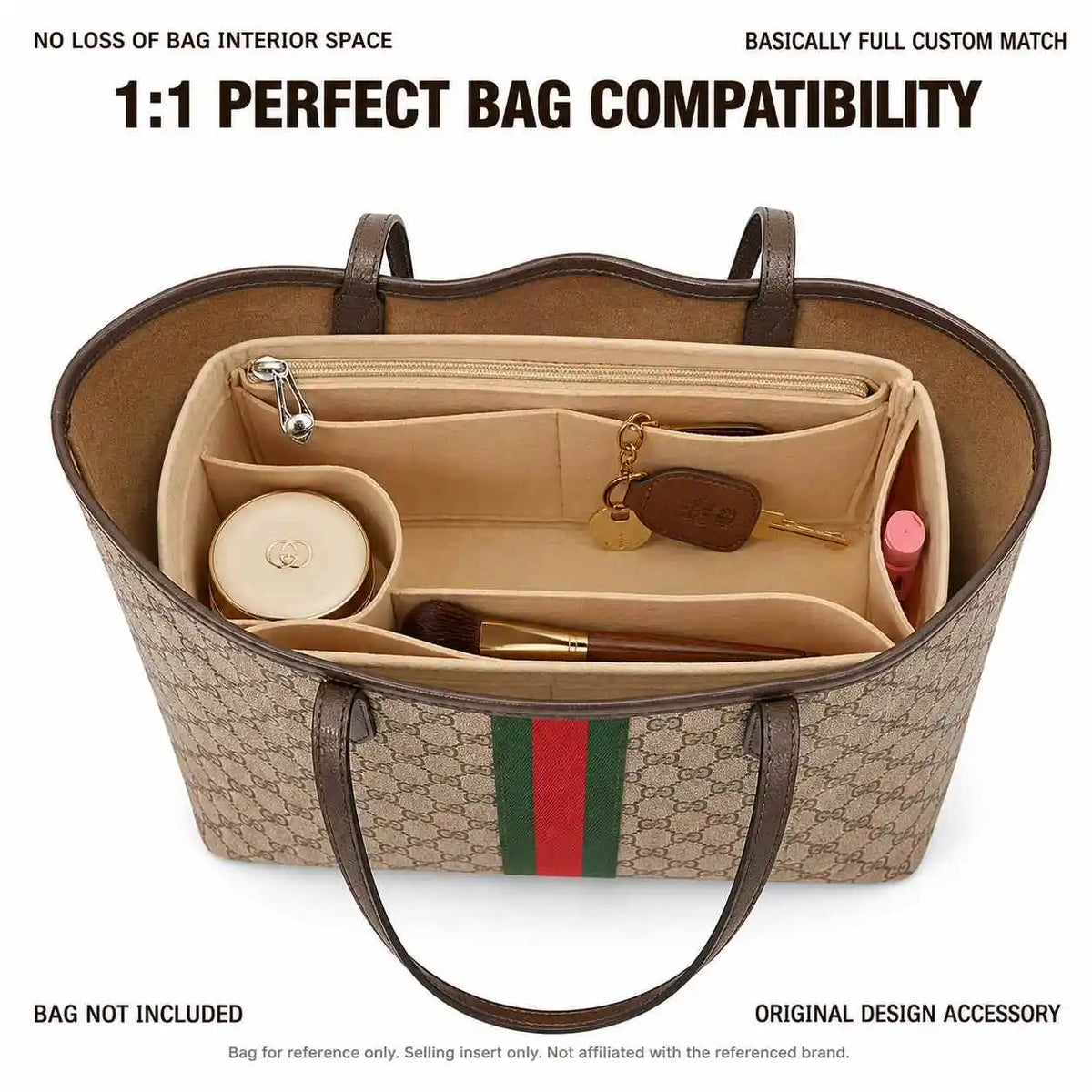 Handbag Organizer Insert Waterproof Felt Tote Liner With Zipper Cup Holder Laptop Sleeve Compatible With Gucci Ophidia GG Tote