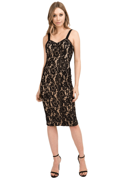 Bianca Lace Bodycon Midi Dress - Back Gold Zipper Detail