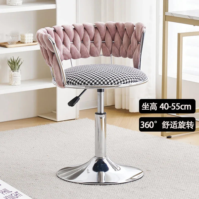 Nordic Makeup Chair With Woven Backrest, Houndstooth Pattern Seat For Bedroom,