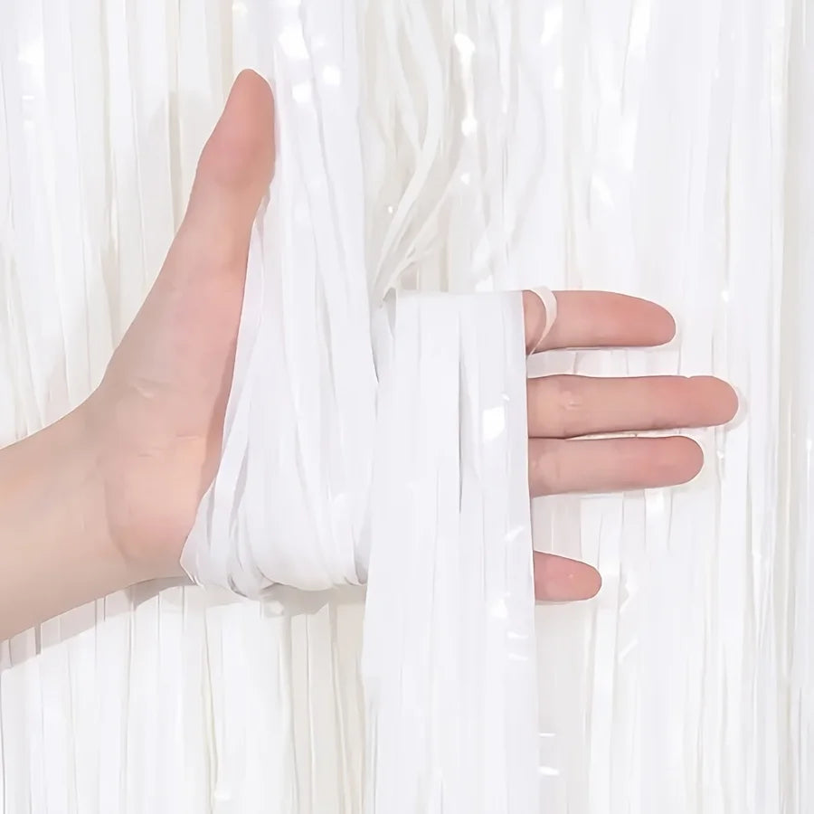 3pcs White Tassel Garland Backdrop Curtains Birthday Party Decor Aluminum Foil Tassel Curtain Backgrounds for Graduation Wedding