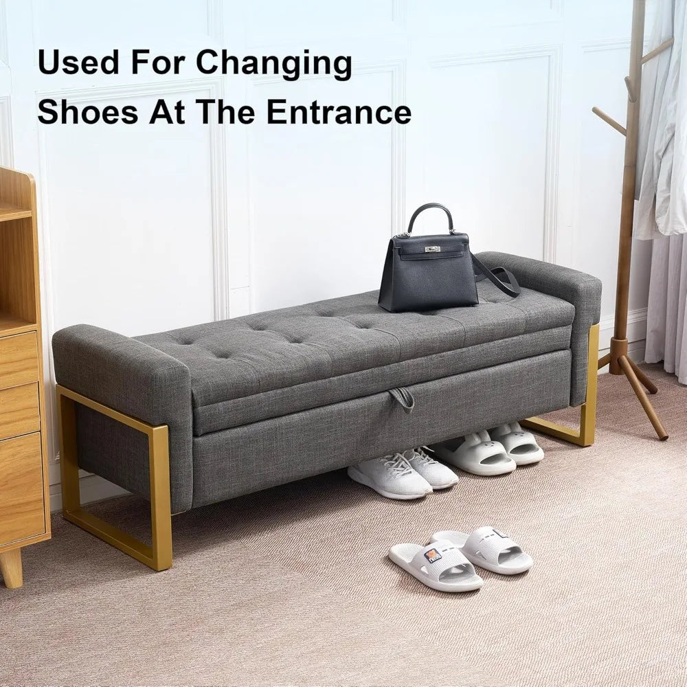 Storage Ottoman Bench, Upholstered PU Leather End of Bed Bench with Tufted Button&Gold Metal Legs for Bedroom