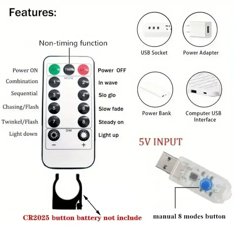 USB Plug Curtain LED Light String 8 Modes Remote Control Bedroom Wedding Party New Year Christmas Valentine's Day Decoration