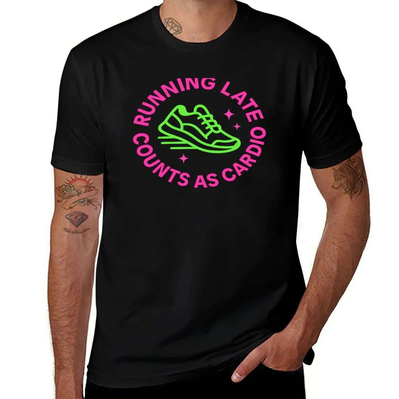Does Running Late Count as Exercise? – Neon Retro Running Shoe Circular Design Tee & Merch T-Shirt clothes mens vintage t shirts