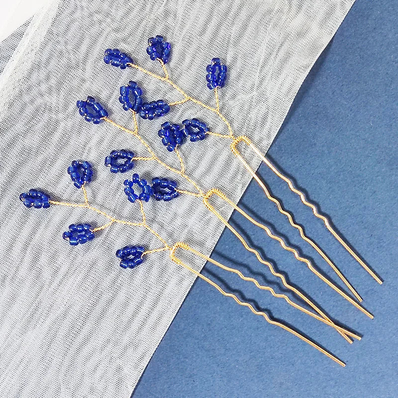 3PCS Women Blue Color Flower Hairpin Stick Wedding Bridal Crystal Pearl Hairpin U Shaped Hair Clip Barrettes Hair Accessories