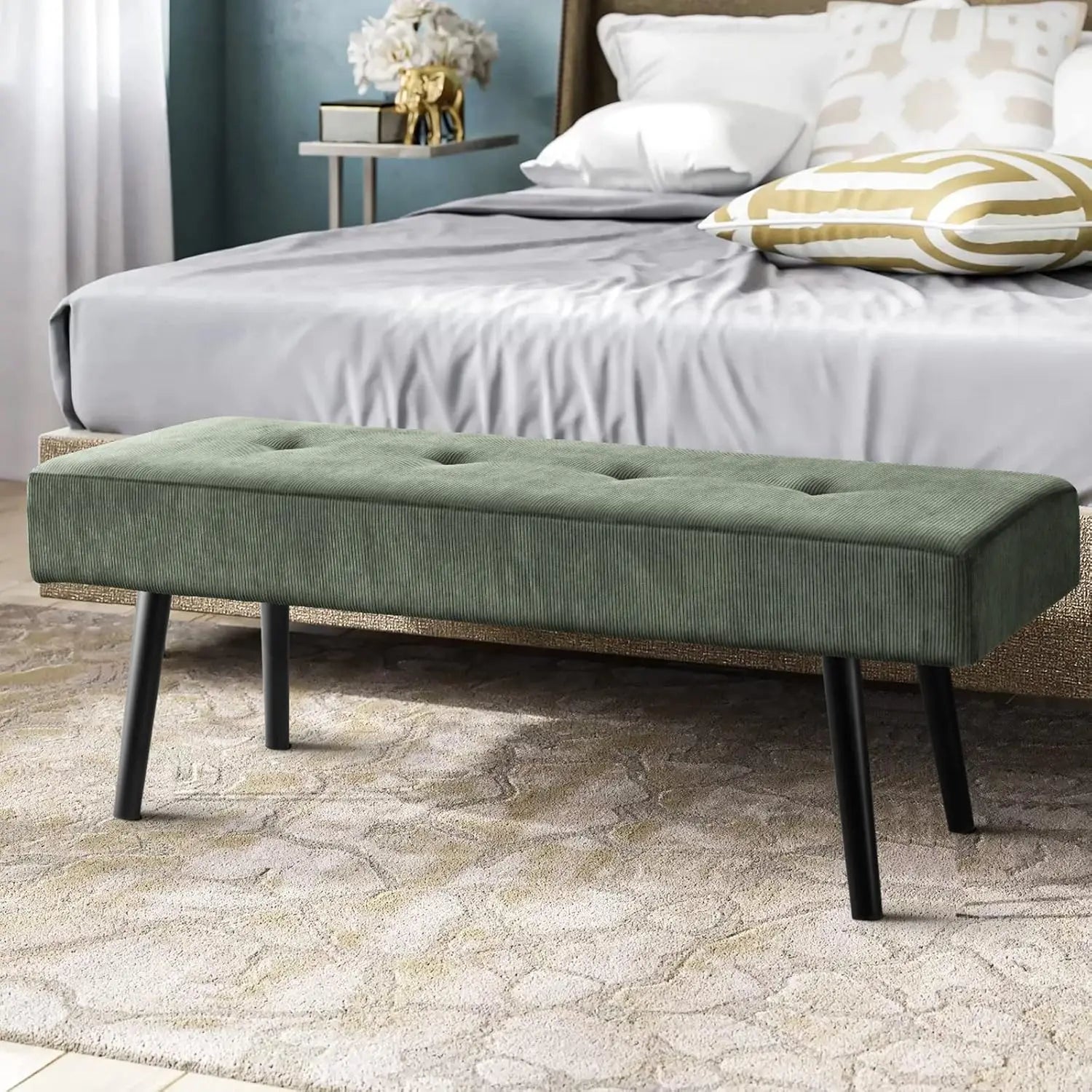 Modern Corduroy Entryway Bench Green Ottoman End of Bed Organizer Padded Seating for Bedroom Living Room Foyer