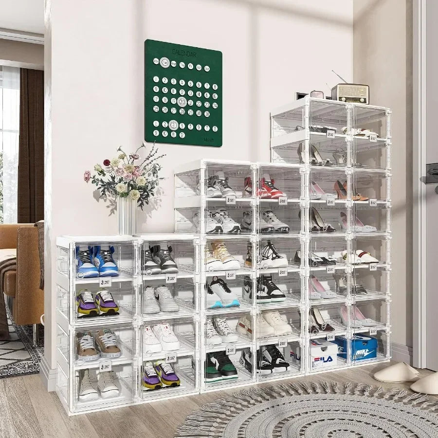 Foldable Shoe Rack for Closet: Plastic, Clear, Space-Saving Stackable Organizer with Magnetic Door, 8-Tier, 16-Pair Capacity