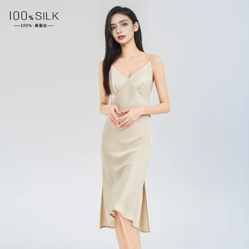 100% Mulberry Silk Sling Nightdress Sexy Slip Nightwear Pure Silk Long Nightgown Lingerie Slit Women Maxi Underwear Sleepwear