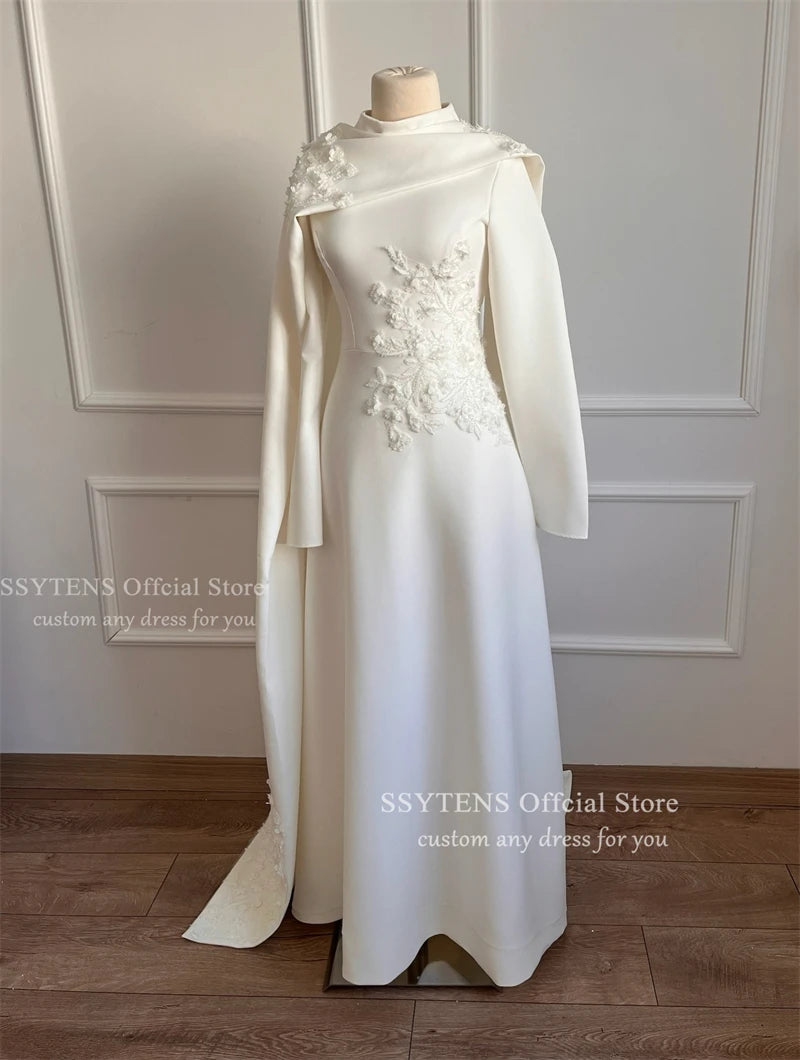 SSYTENS Modest Muslim Wedding Dresses Cape Long Sleeve Applique Customized Brides Ivory Nikkah Bridal Gown Long Vestido De Noiva