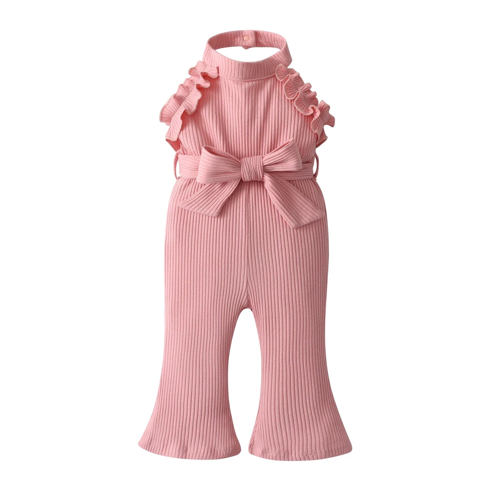 0-24Months Toddler Baby Girl Romper Summer Clothes Cute Ruffles Trim Hanging Neck Jumpsuits Playsuit Come with Belt