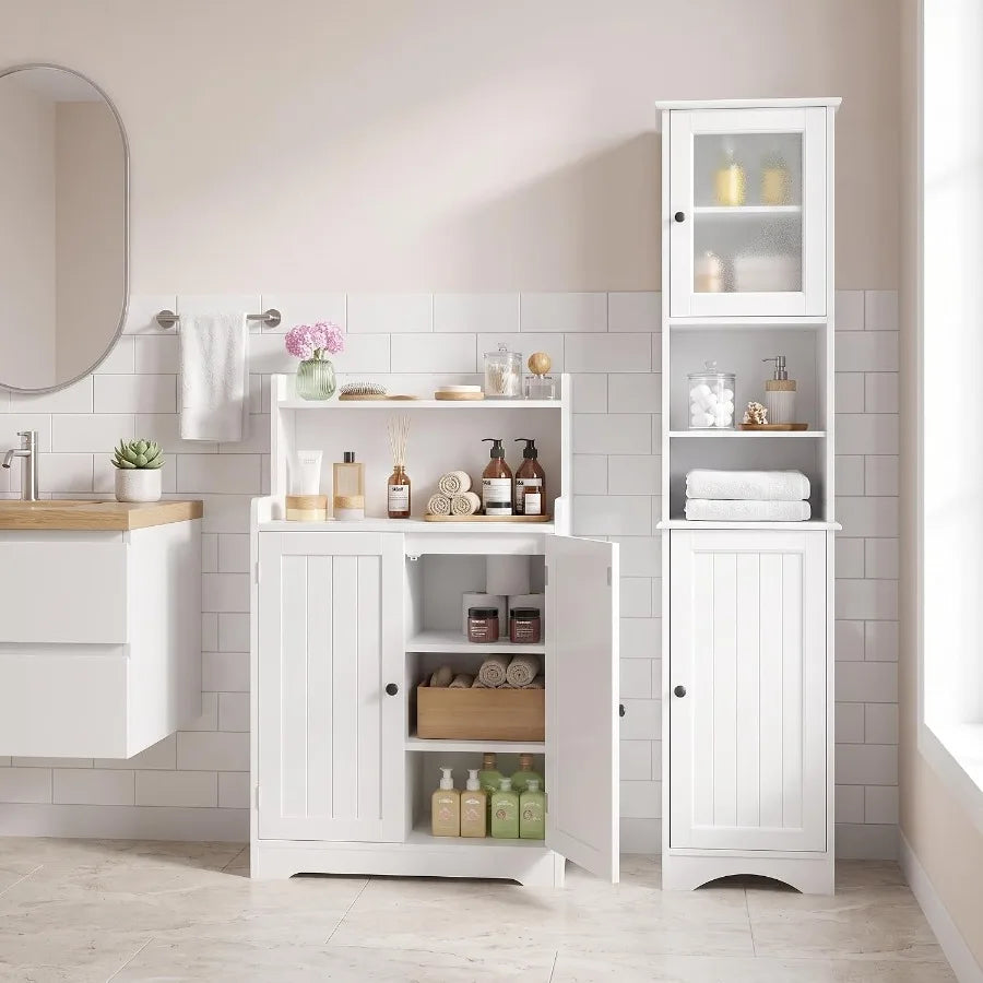 Bathroom storage cabinet combo: white MDF material, moisture-resistant finish, space-saving design for small bathrooms