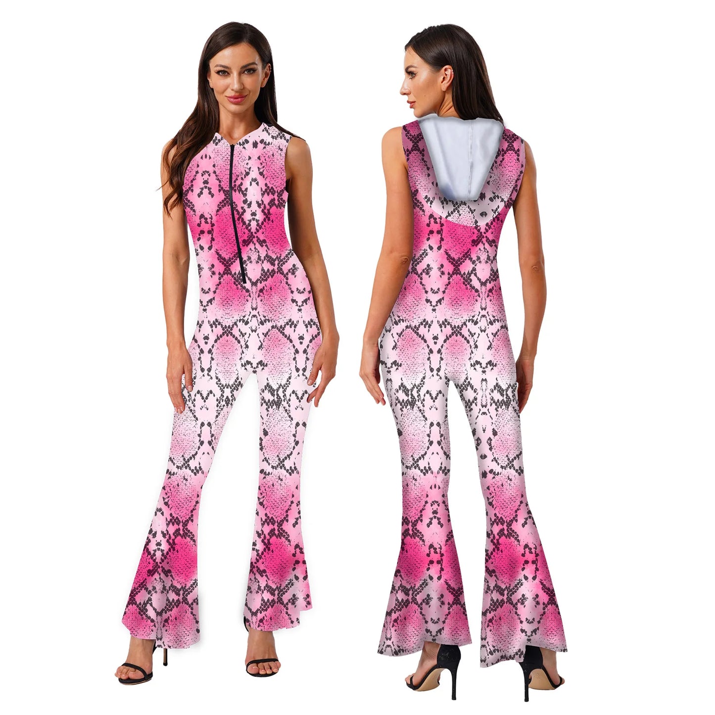 Women Halloween 90s Disco Hippie Cosplay Costume Sleeveless Zipper Printed Bell-Bottom Hooded Jumpsuit for Theme Party Carnival