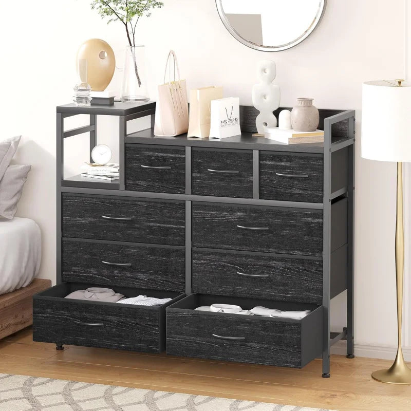 9 Drawer Storage Bedroom Dresser TV Stand |   Multi-Functional with Built-in Charging Station Tall Dresser for Closet O