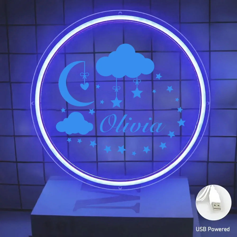 1 Pc of Cute Custom Name Acrylic Neon Sign Combination of Stars and Moon Clouds, USB Power Supply, Three Levels of Brightness