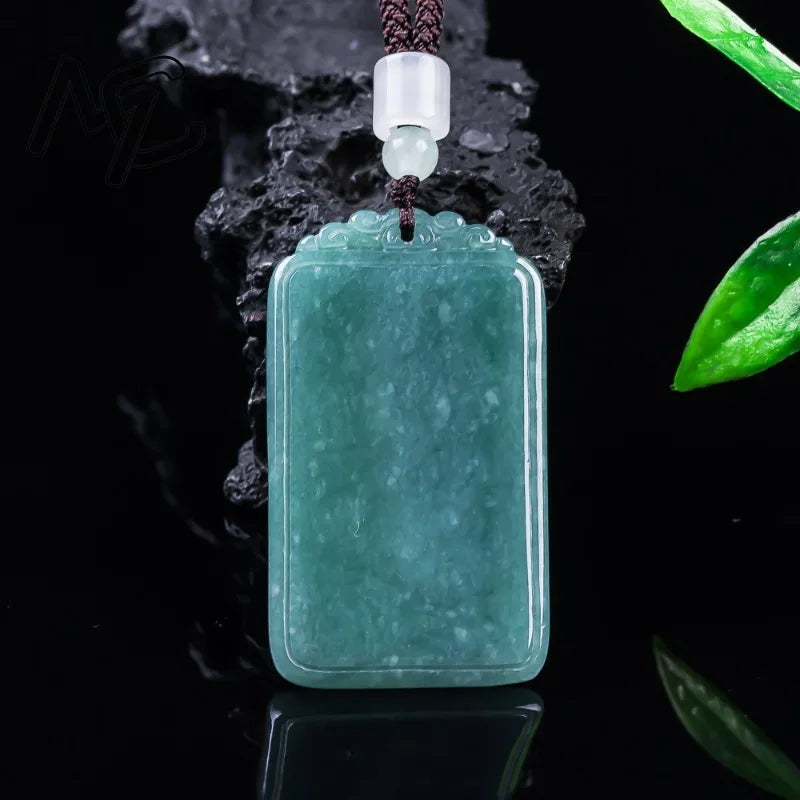 Natural Jade Blue Water Peace Nothing Happens Plaque Pendant Necklace Charm Jadeite Jewelry Fashion Amulet Gifts Certificate
