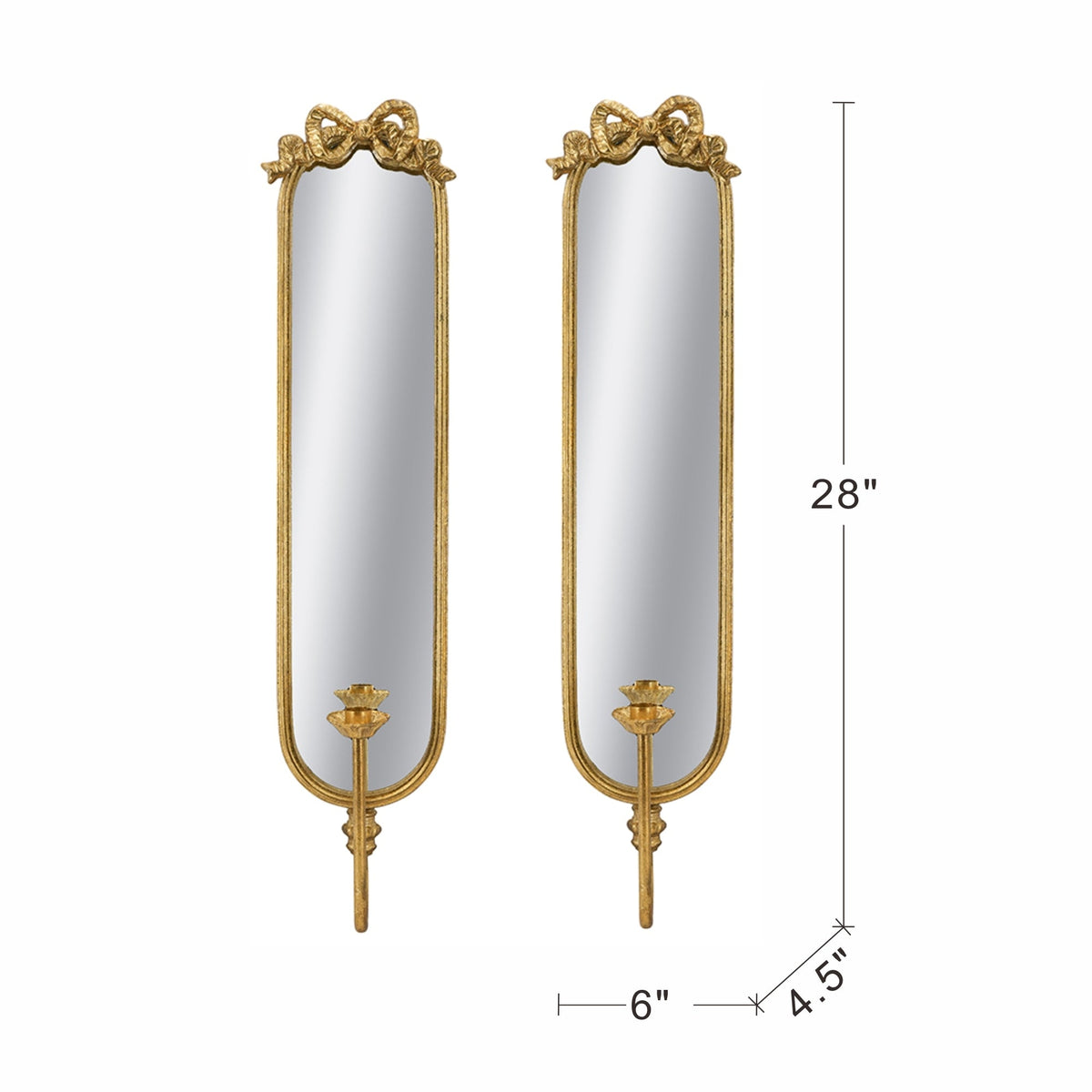 Set of 2 Gold Mirrored Wall Sconces with Iron Candle Holders