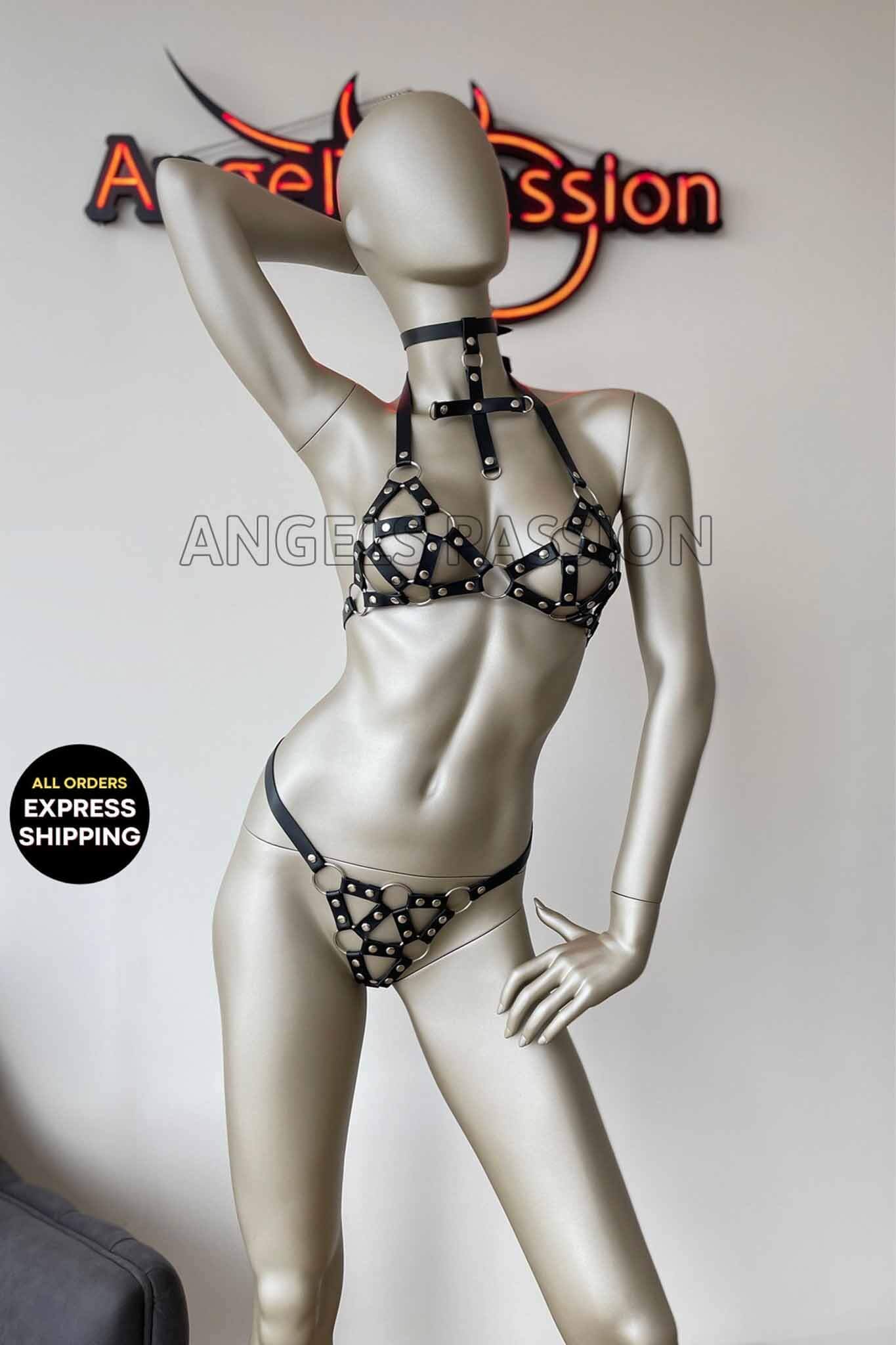 Luxury Sexy Black Leather Caged Harness Top Panty Set