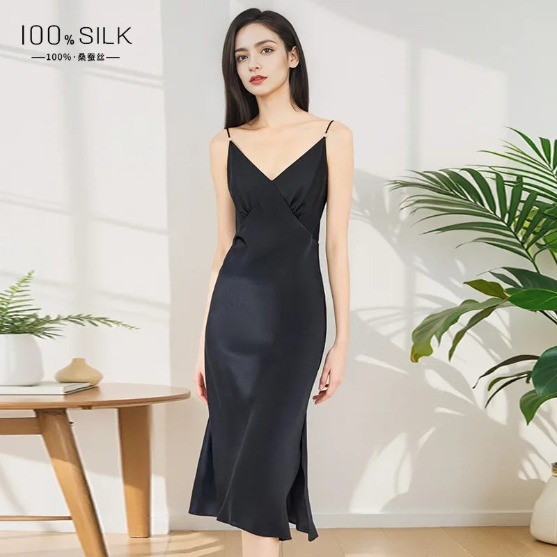 100% Mulberry Silk Sling Nightdress Sexy Slip Nightwear Pure Silk Long Nightgown Lingerie Slit Women Maxi Underwear Sleepwear