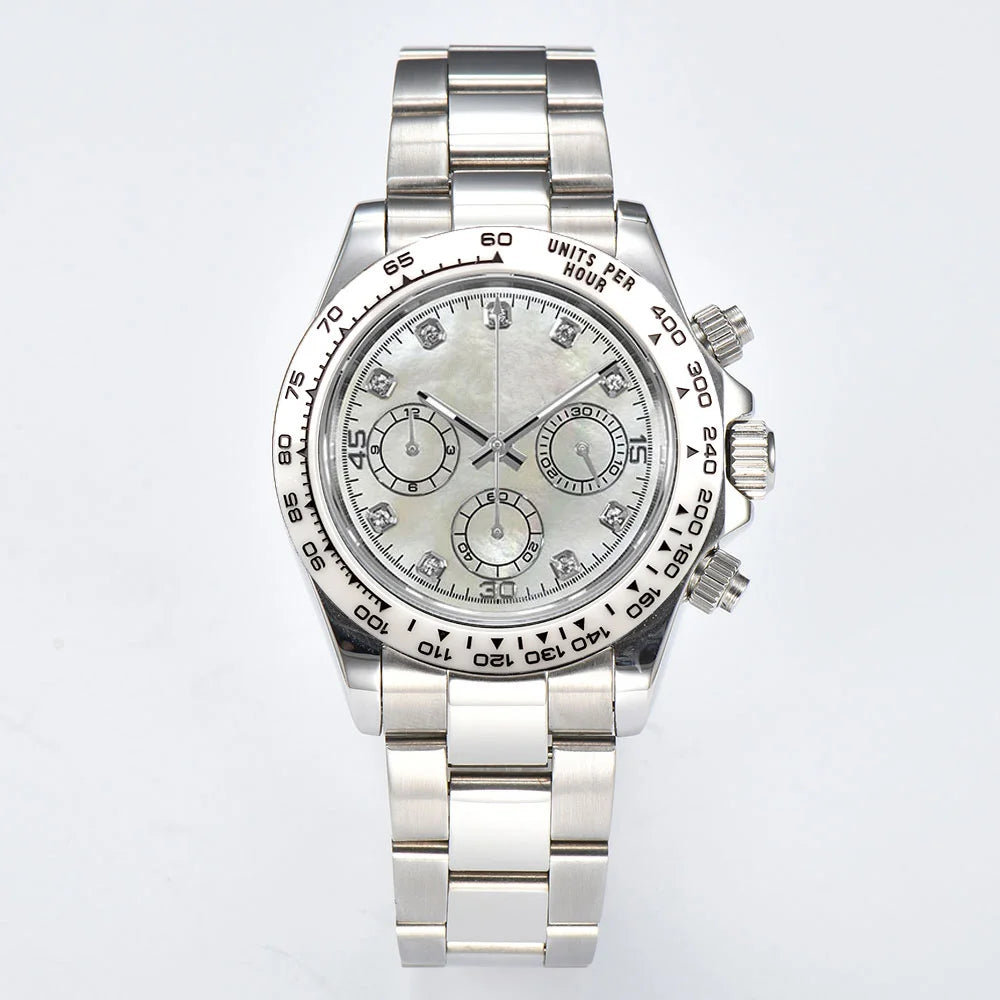 39mm Men's watch Shell Face Dial watch waterproof sapphire glass Stainless steel quartz watch VK63 movement Chronograph watch