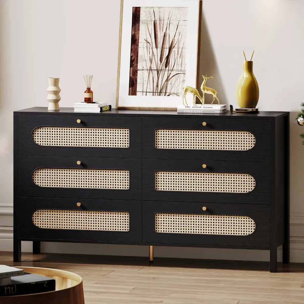 6-Drawer Rattan Closet Adjustable Height Storage Cabinet Sideboard Bedroom
