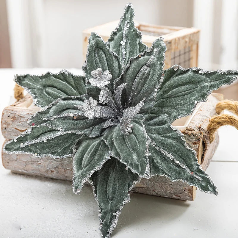 Velvet 26cm Christmas Flower Handmade Golden Glitter Artificial Flower Christmas Tree Hanging Flowers Pendant Decor 2025New Year