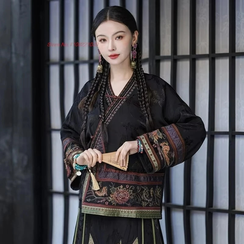 2025 traditional chinese vintage coat national flower embroidery improved v-neck folk jacket oriental satin jacquard hanfu tops