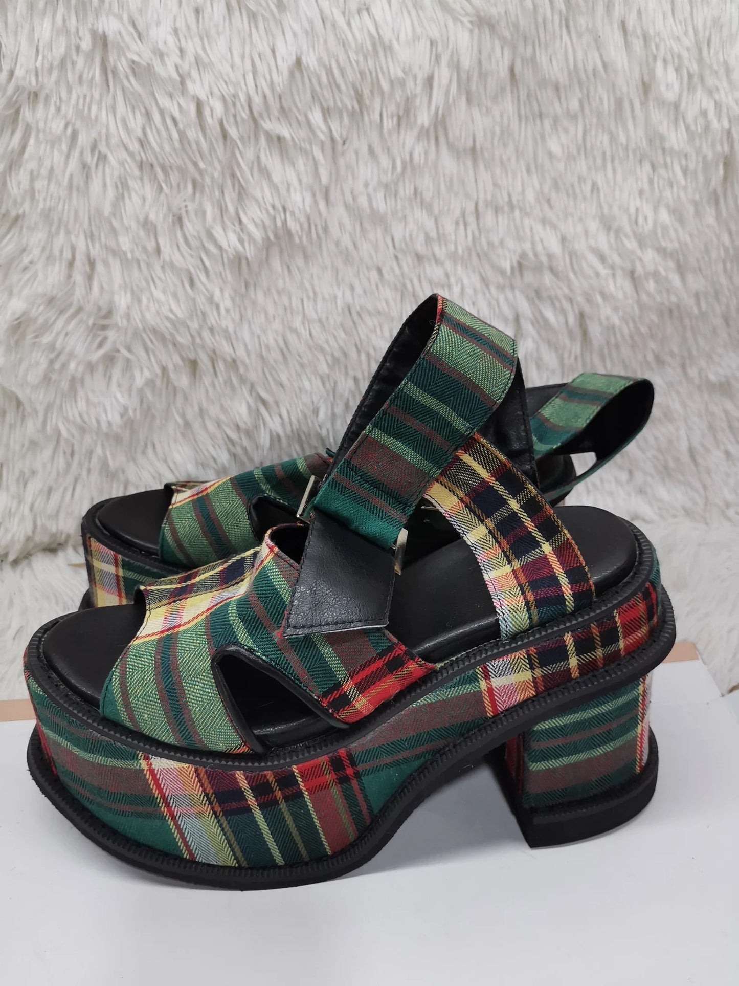 Platform Plaid Buckle Strap Sandals Open Toe Height Increasing Cut Out Rome Runway Show Women Heels Customize Color Plus Size