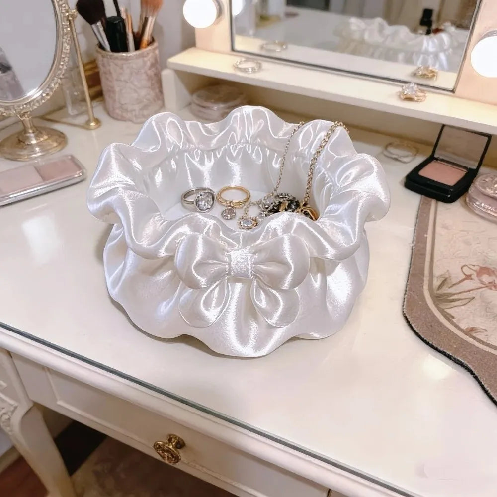 3D-Printed Petal Bow Storage Box Multi-Function Satin Ruffled Desktop Storage Box Elegant Ornaments Jewelry Storage Case