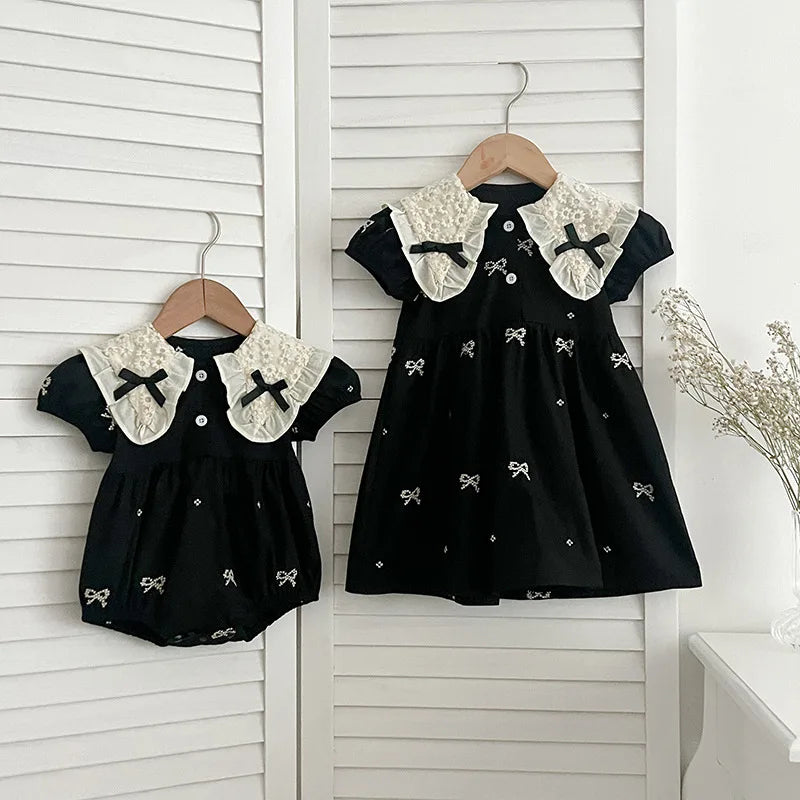 0-6Yrs Sister Matching Outfit Baby Romper Princess Dresses Newborn Clothes Short Sleeved Baby Girl Embroidered Dress Doll Collar