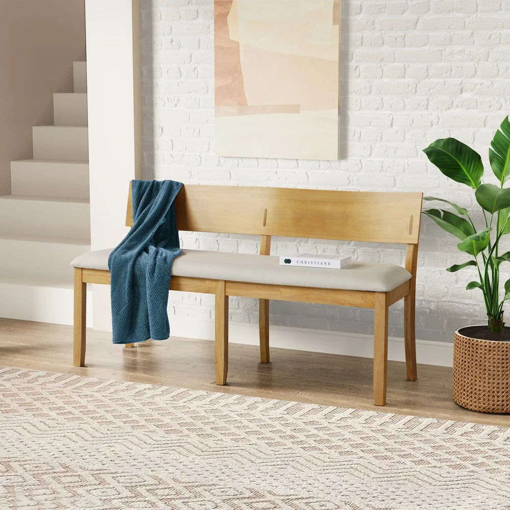 Natural Rubberwood Dining Bench with Plush Fabric Upholstery Entryway Living Room Seating Comfort Assembly Required