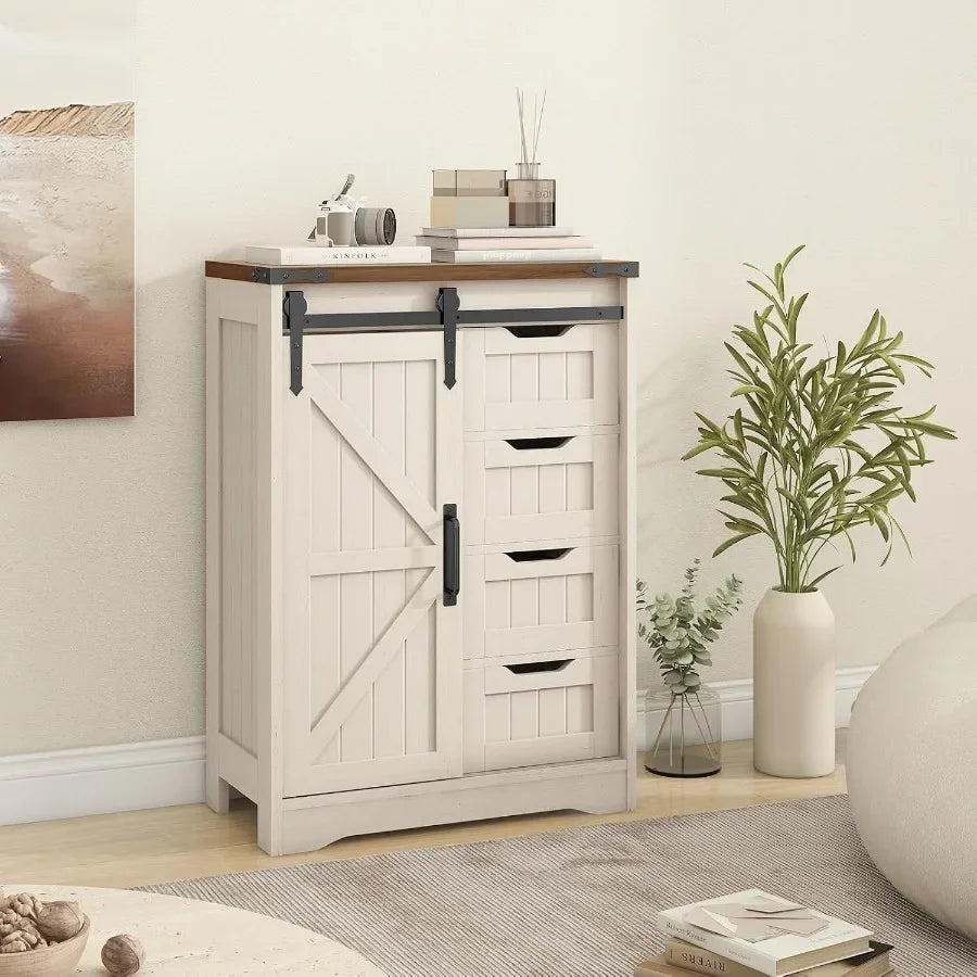 Farmhouse bathroom storage cabinet with 4 drawers and sliding door, white MDF, rustic style for bathroom kitchen living room