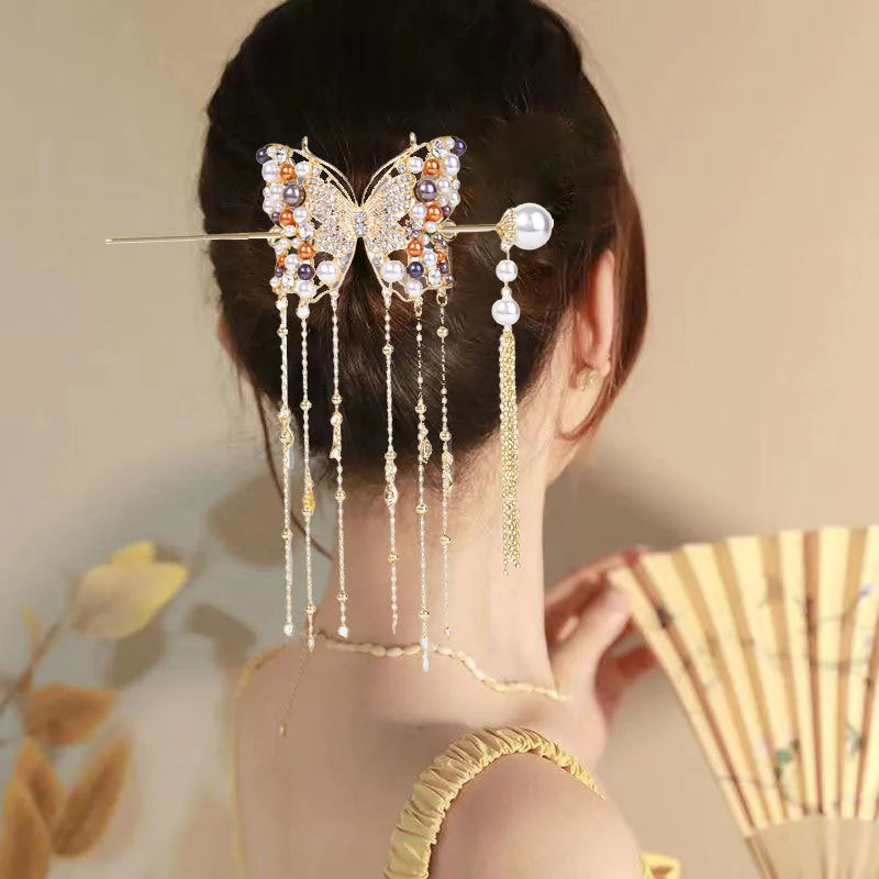 Luxurious Elegant Colored Pearl Butterfly Tassel Alloy Hair Clip Women's Bundle Hair Clip Party Fashionable Hair Accessory
