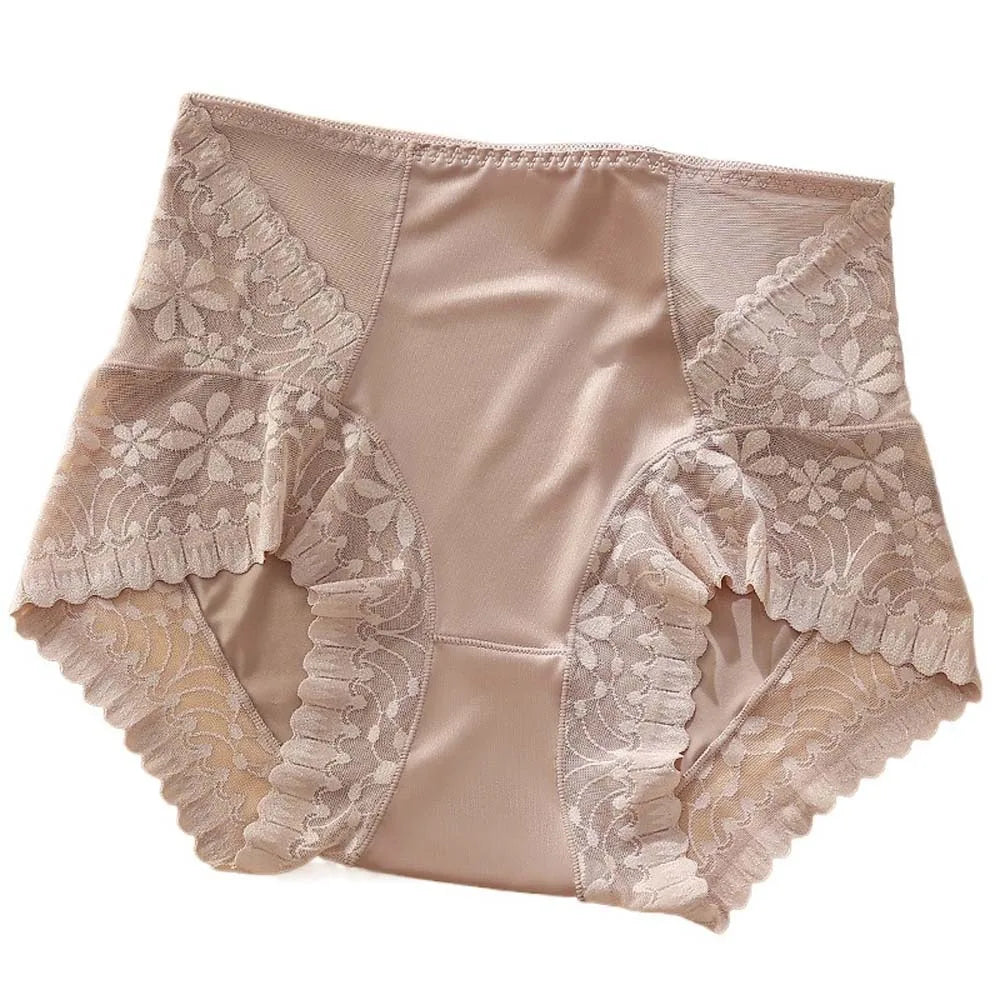 Satin Women Silk Panties Lingeries Belly Contracting Plus Size Briefs High Waist Solid Color Ice Silk Lace Underpants Girls