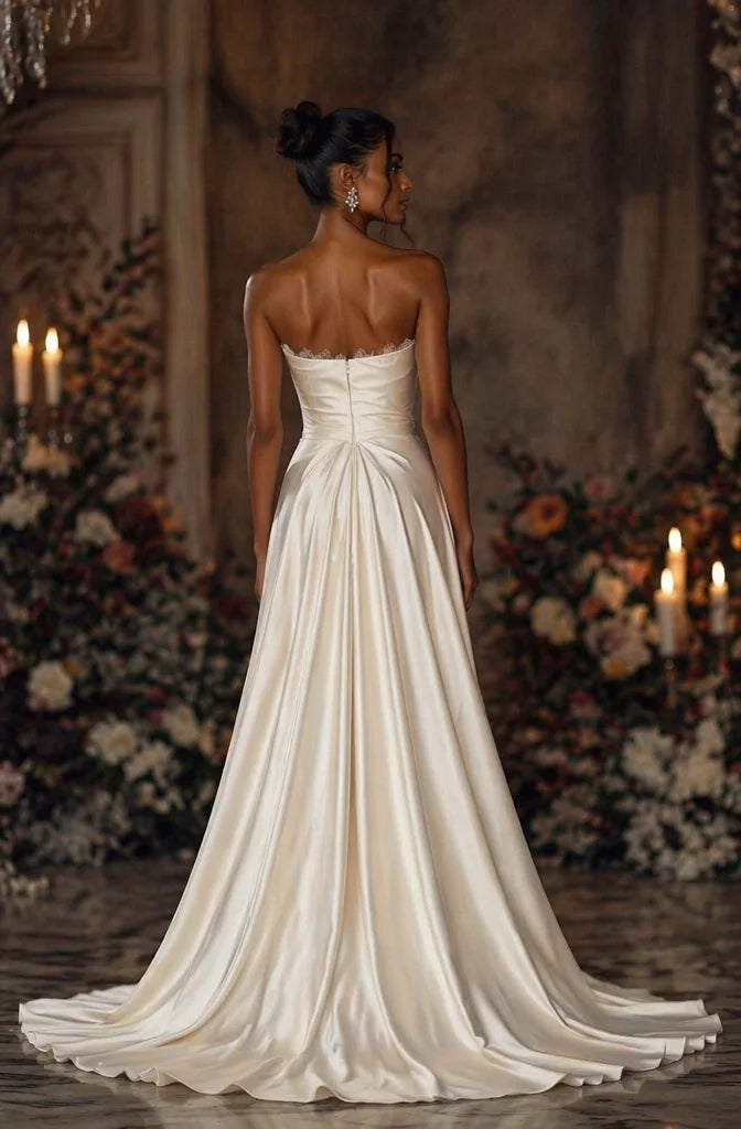 Luxury Satin Lace Mermaid Wedding Dress Strapless Lace Edging Ruffles Flower Lace Interior Dress Wedding Dress Customization