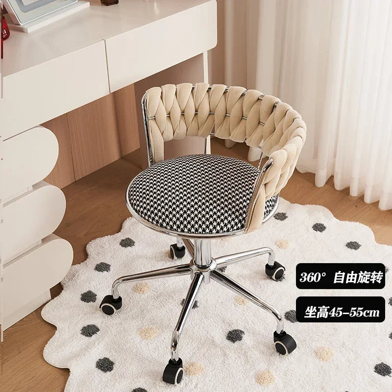 Nordic Makeup Chair With Woven Backrest, Houndstooth Pattern Seat For Bedroom,