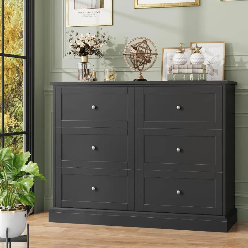 FOTOSOK Black Dresser,6Drawer Dresser Black,Modern Double Chest with Deep Drawers,Wide Storage Organizer Cabinet for Living Room
