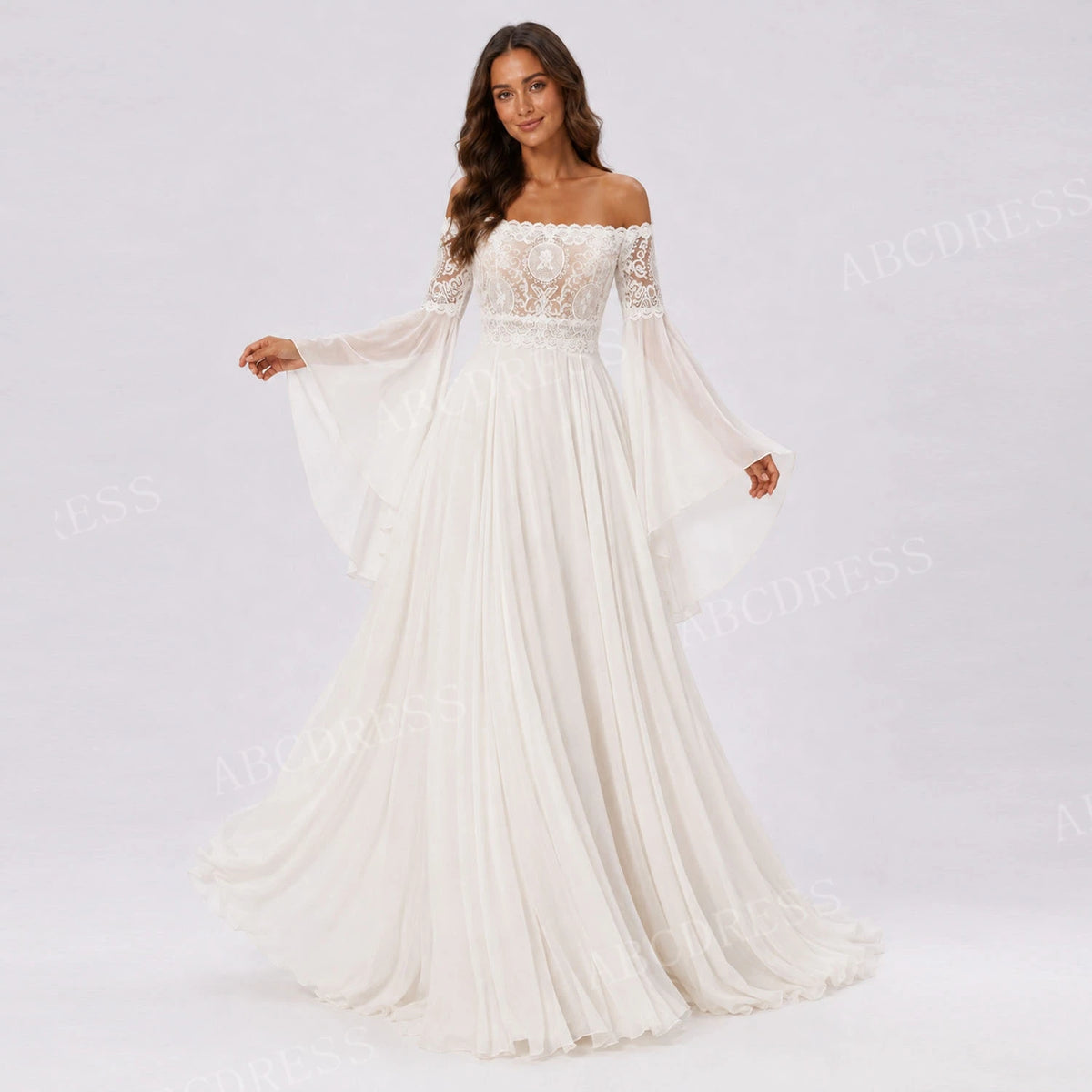 ABCDRESS Customized Elegant Lace Applique Bridal Gown Chiffon A-Line Wedding Dresses Sheer Long Bell Sleeves Lady Dress