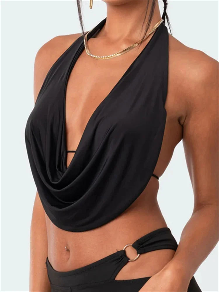 CHRONSTYLE Chic Backless Halter Lace-up Tank Crop Tops for Women Y2K V Neck Ruched Camis Fairy Grunge Vintage Mini Vest Clubwear