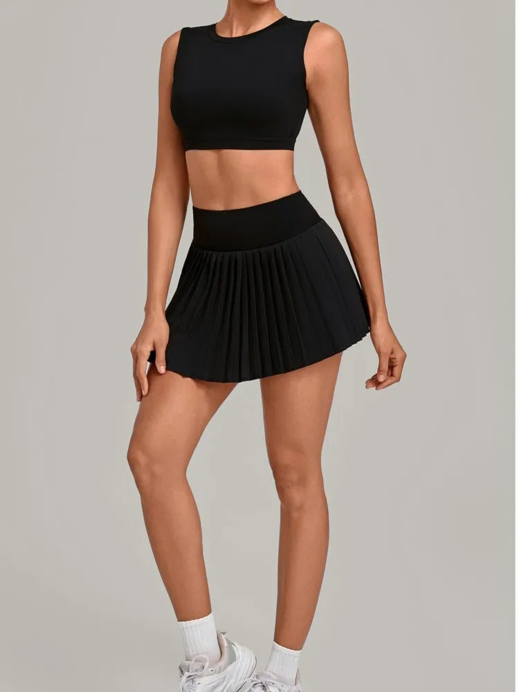 2 Piece Women Quick-Dry Sports Shorts Skirt Set O-Neck Long Sleeve Top Running Fitness Workout Athletic Tracksuit Sportswear