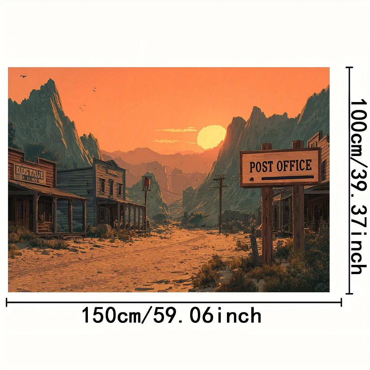 1 Wild West sunset background banner - featuring rugged mountains, post office logo and sunset sky - durable polyester