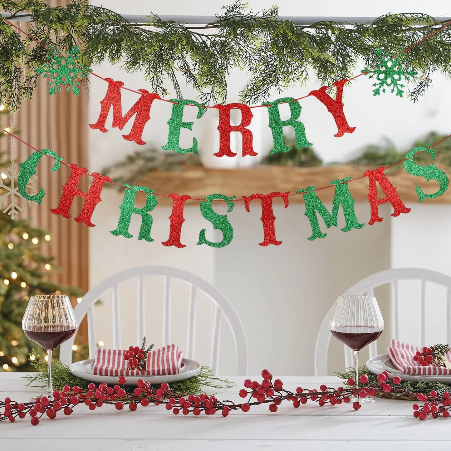 Red and Green Merry Christmas Banner Merry Christmas Sign Garland, Christmas Party Banner Merry Xmas Banner for Christmas Party