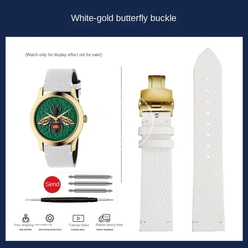 watch band For GUCCI YA1264065 Little Bee Embroidered Gucci Men's and Women's Green Genuine Lea/ther Watch Strap 20mm Bracelet