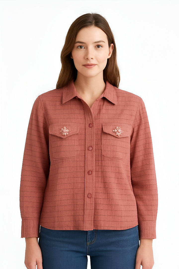 Striped Button-Up Shirt Embellished Pockets, Long Sleeves