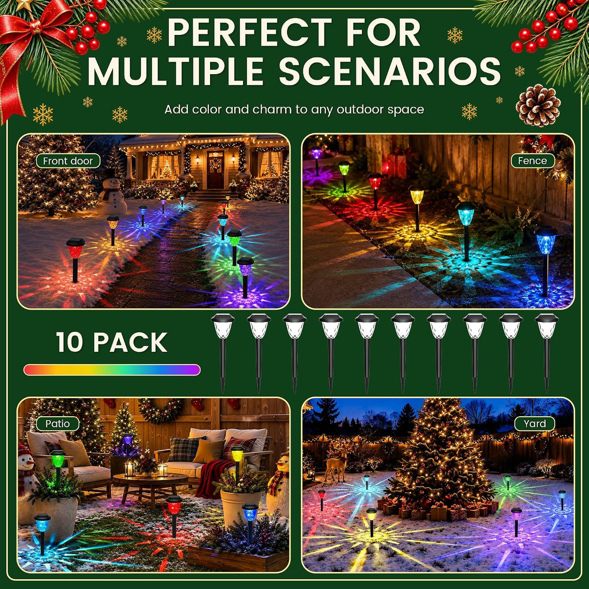 10 Pack Solar Christmas RGB Pathway Lights Outdoor