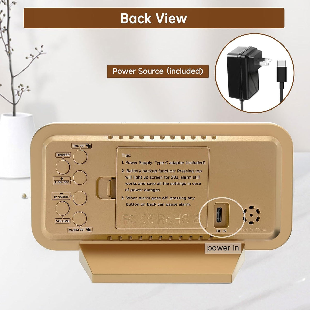 Slim Digital Mirror Alarm Clock, Large Display with 6-Level Dimmer
