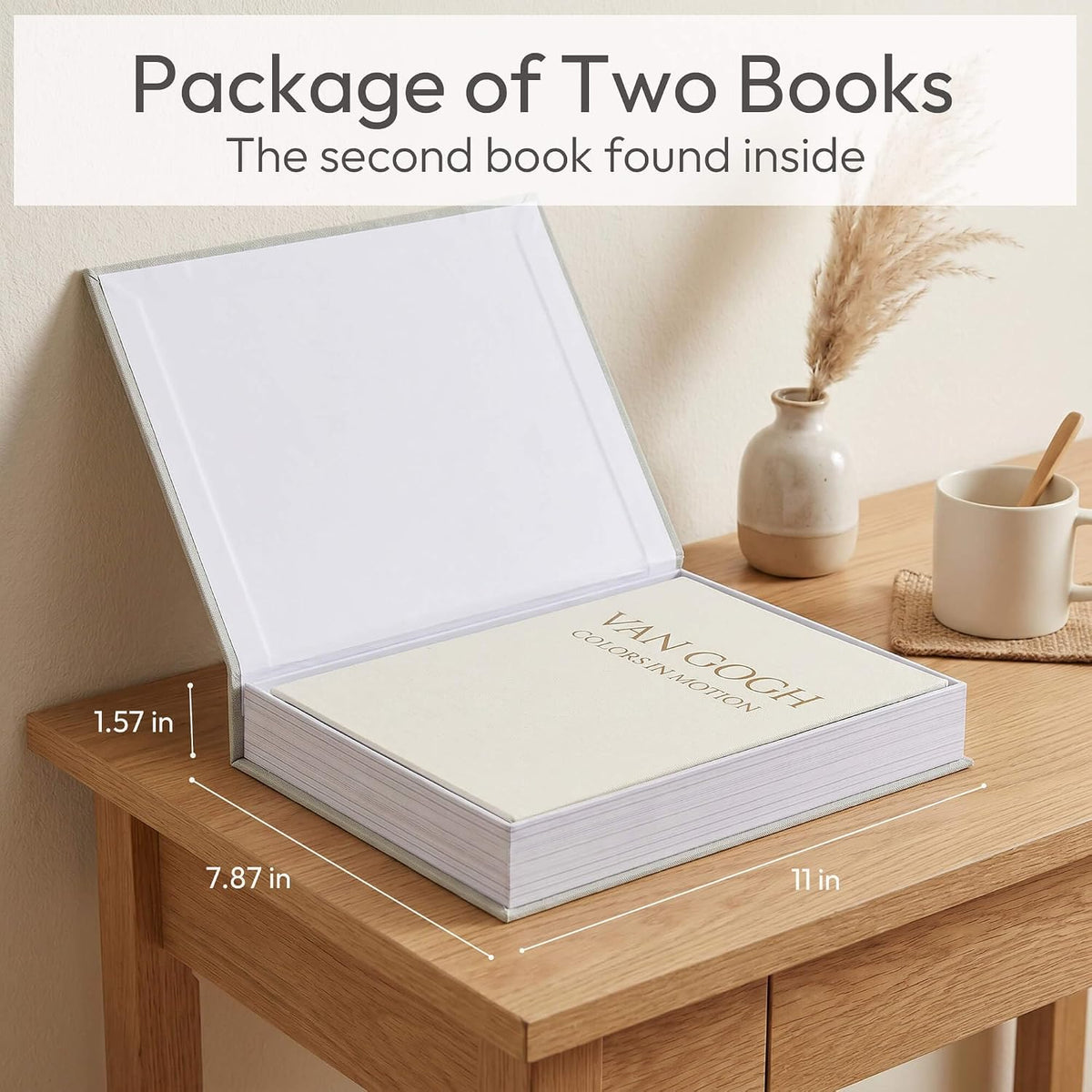 Decorative Storage Books Set of 2, Linen Cover, White & Green