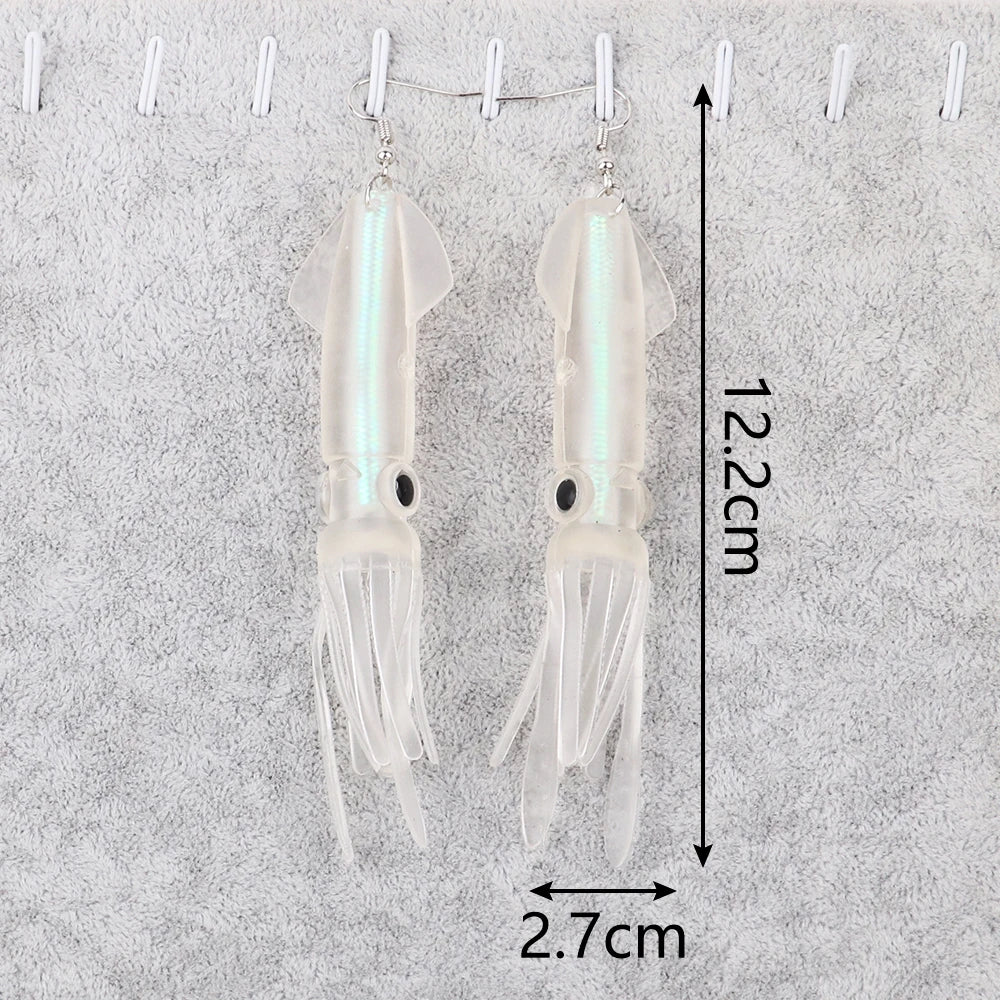 Noctilucence Color Tube Squid Drop Earrings for Women Giant Jelly Bionic Soft Lure Marine Animal Earring Fishing Lovers Gifts